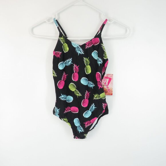 Kanu Surf Girls' Pineapple One Piece Black Swimsuit 12 NWT $33 - Picture 1 of 5